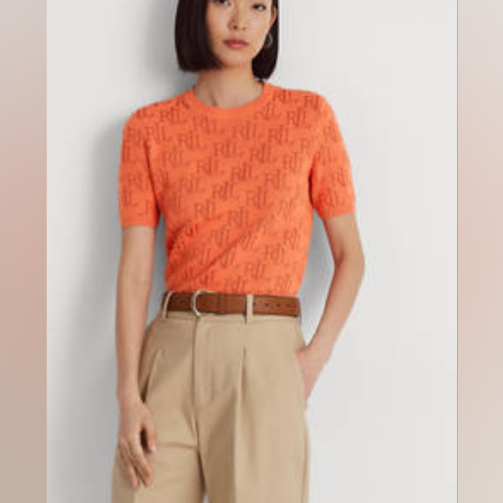 Ralph Lauren Sweater monogram jacquard Sweater short sleeves orange sz petite L - Picture 5 of 8